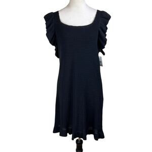 Anthropologie NWT L Black Scoop Neck Ruffle Strap Sleeves Lined Mini Knit Dress